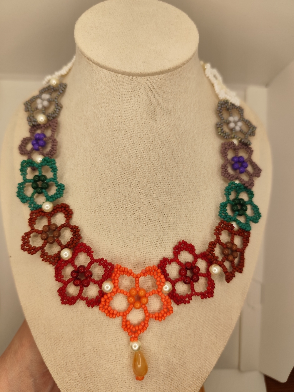 Multicolor Floral Beaded Necklace with Orange Focal Drop
